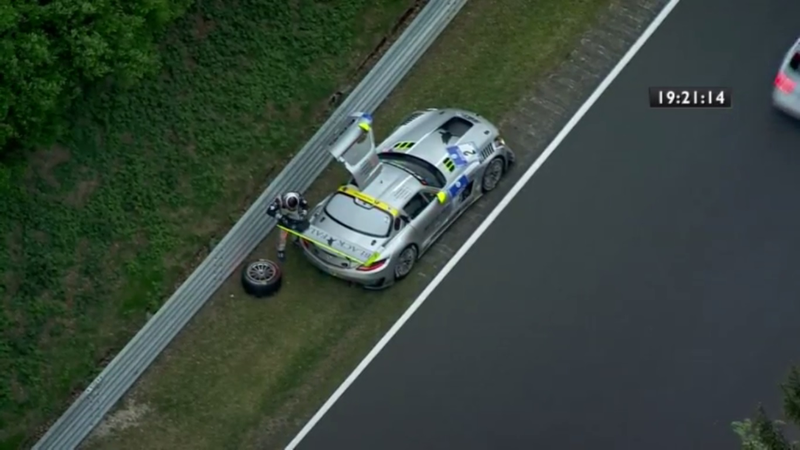 Illustration for article titled Black Falcon AMG N24 Driver Loses A Wheel, The Race, His Mind